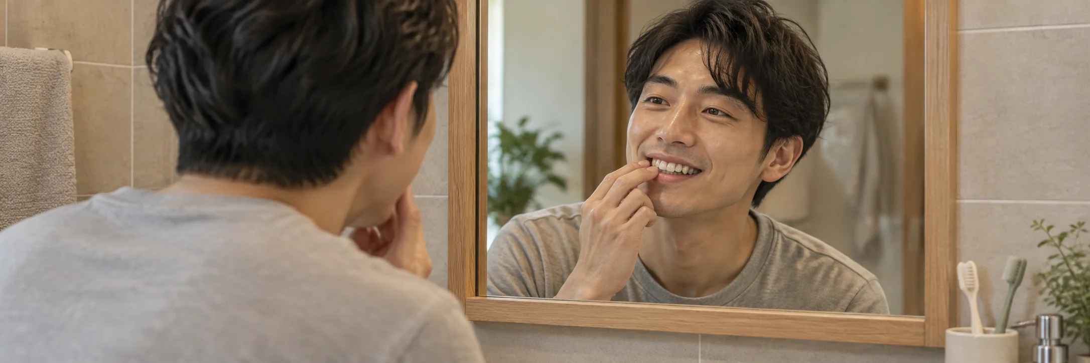鏡を見ながら前歯の歯並びを確かめる男性