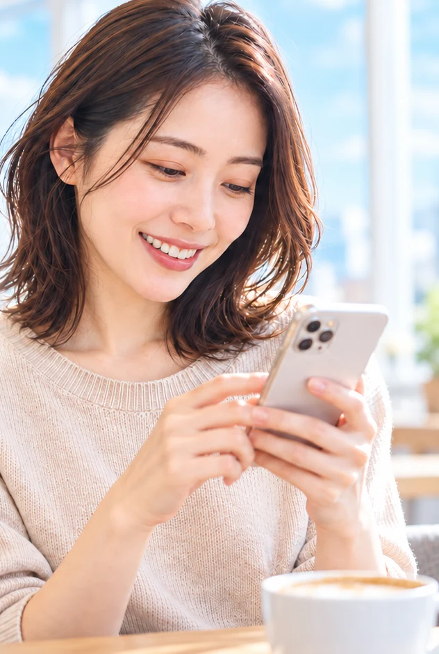 スマートフォンで矯正歯科を比べて笑顔になる女性